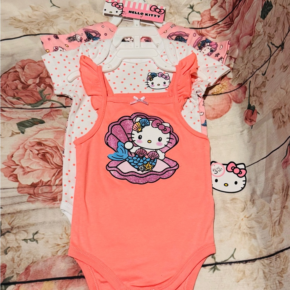 Hello Kitty Baby Girl 3 Coral Pink Bodysuits Set Mermaid 18 Months NWT